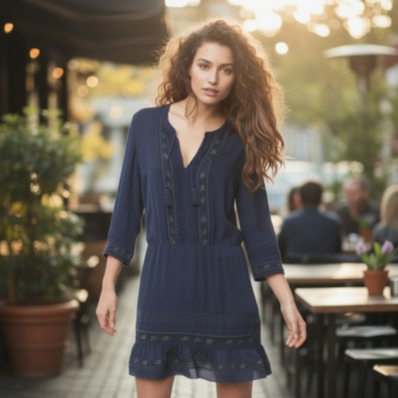 Veronica Beard Katia Silk Dress 0 Navy Embroidered Boho Tunic Mini Ruffle Hem